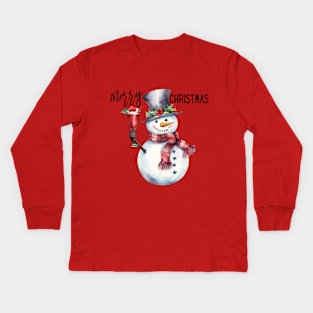 Cute Snowman in Red Scarf Holding a Christmas Drink with Berries Kids Long Sleeve T-Shirt